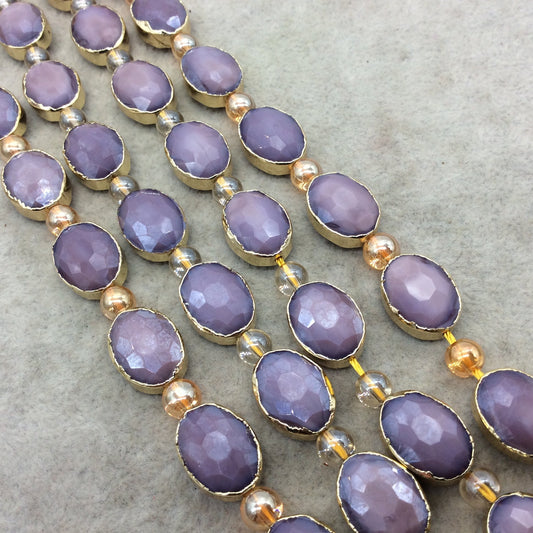 12mm x 16mm Gold Electroplated Glossy Finish Faceted Opaque Orchid Purple Crystal Oval Beads - Sold by 7" Strands (9 Beads) -