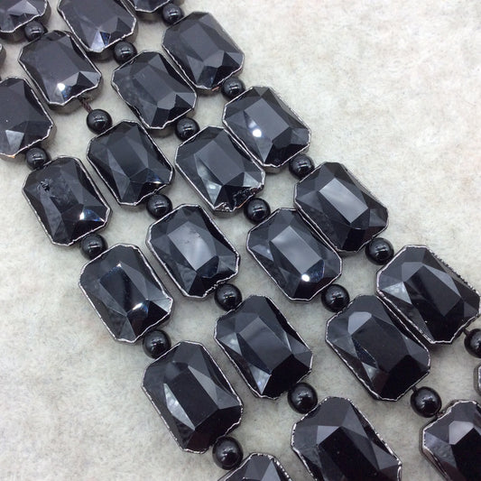 13mm x 18mm Gunmetal Electroplated Glossy Finish Faceted Opaque Black Crystal Rectangle Beads - Sold by 7" Strands (8 Beads) -