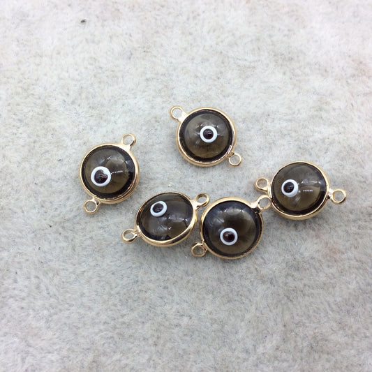 Gold Plated Smooth Transparent Smoky Evil Eye Glass Round/Coin Shaped Bezel Connector - Measuring 10mm x 10mm - Sold Individually