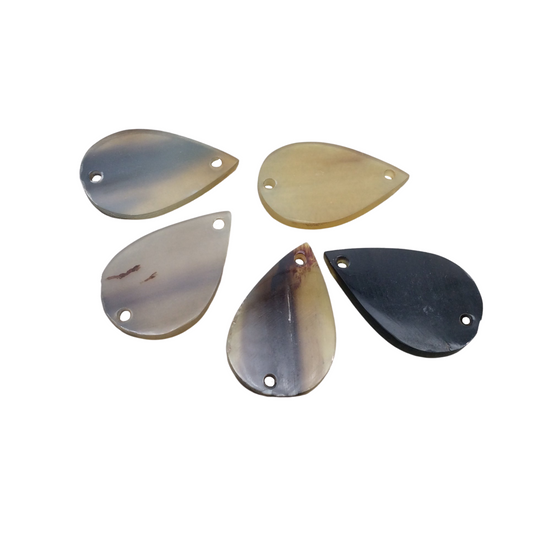1.25" Semi-Transparent Black/Brown/Tan Teardrop Shaped Lightweight Natural Horn Connector Component with 2mm Holes - Measuring 20mm x 32mm