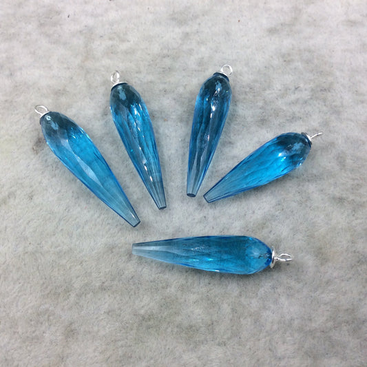 Large Sterling Silver Finish Faceted Spike Transparent Sky Blue Quartz Bezel Component - ~10 x 35-40mm - Sold Per Each, Selected at Random