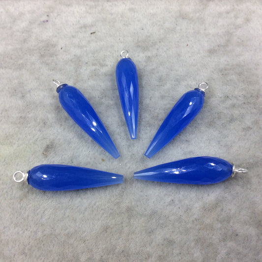 Denim Blue Quartz Bezel | Large Sterling Silver Finish Faceted Spike Opaque Pendant Component ~ 10mm x 35 - 40mm - Sold Per Each