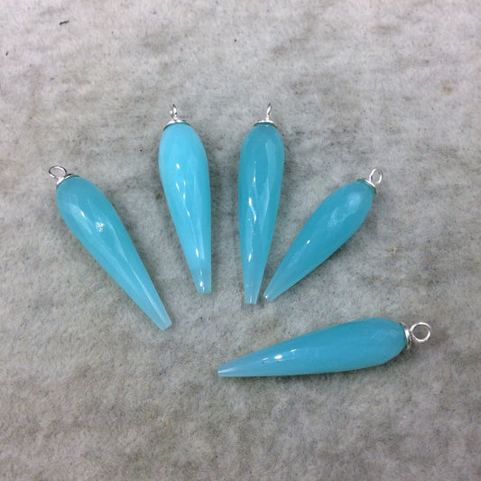 Large Sterling Silver Finish Faceted Spike Opaque Aqua Blue Quartz Bezel Component ~10 x 35-40mm - Sold Per Each, Selected at Random