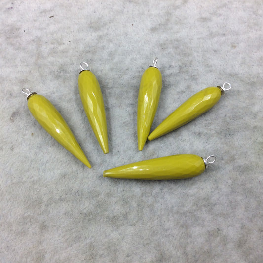Chartreuse Green Quartz Bezel | Large Sterling Silver Finish Faceted Spike Opaque Component ~ 10mm x 35 - 40mm - Sold Per Each