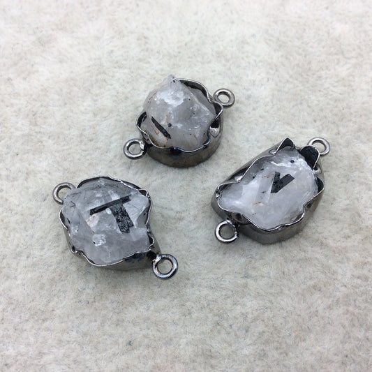 Gunmetal Finish Large Raw Nugget Genuine Rutilated Quartz Wavy Bezel Connector - ~ 16mm - 20mm Long - Sold Individually, Selected Randomly