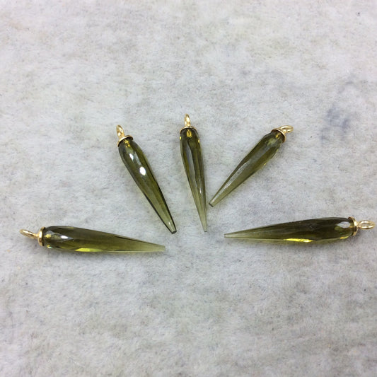 Olive Green Quartz Bezel | Small Gold Plated Sterling Silver Finish Faceted Spike Transparent Pendant ~ 7mm x 22 - 25mm - Sold Per Each