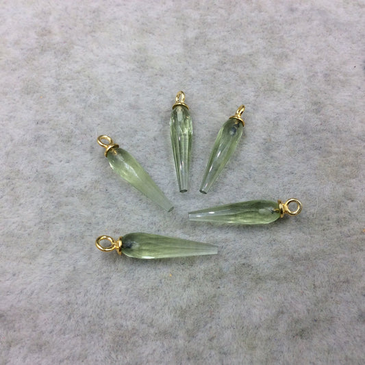 Small Gold Plated Sterling Silver Finish Faceted Spike Transparent Light Green Quartz Pendant ~ 7 x 22-25mm - Sold Per Each, At Random