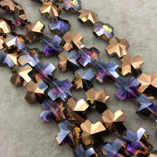 Chinese Crystal Beads | 13mm x 13mm Glossy Faceted Transparent Metallic Purple Orange Copper Cross Shaped glass Beads