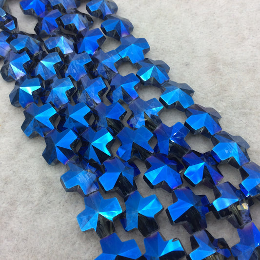 13mm x 13mm Glossy Faceted Transparent/Metallic Metallic Blue Crystal Glass Cross Shaped Beads - Sold By 12" Strands (~ 22 Beads)
