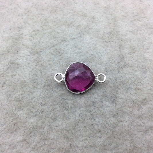 Sterling Silver Faceted Magenta (Lab Created) Quartz Heart/Teardrop Shaped Bezel Connector - Measuring 12mm x 12mm - Sold Individually