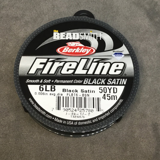 50 Yard Spool of 6lb. Black Satin Colored Fireline® Braided Beading Thread, Beadsmith/Berkley® Branded - 0.15mm/0.006" Diameter, Approx.