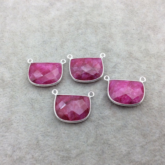 Sterling Silver Faceted Half Moon Shape Corundum/Ruby Bezel 2 Ring Pendant/Connector Component - ~ 16mm x 20mm - Natural Gemstone
