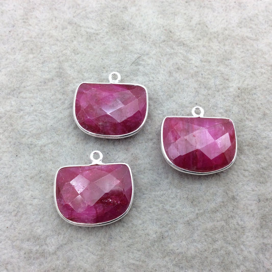 Sterling Silver Faceted Half Moon Shape Corundum/Ruby Bezel Pendant Component - ~ 16mm x 20mm - Natural Semi-Precious Gemstone