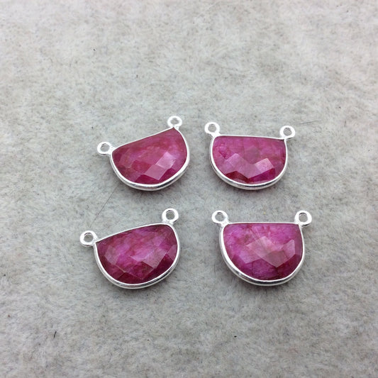 Sterling Silver Faceted Half Moon Shape Corundum/Ruby Bezel 2 Ring Pendant/Connector Component - ~ 16mm x 12mm - Natural Gemstone