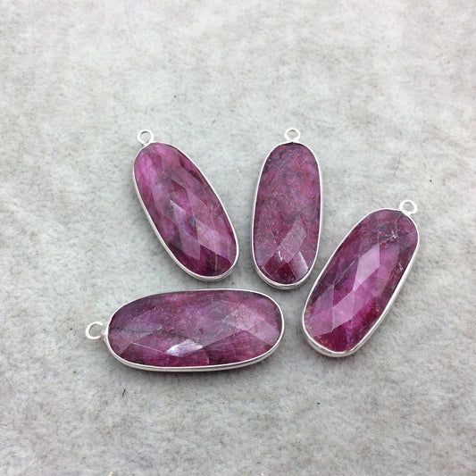 Sterling Silver Faceted Long Oval Shape Corundum/Ruby Bezel Pendant Component - ~ 12mm x 35mm - Natural Semi-Precious Gemstone