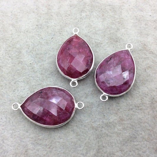 Sterling Silver Faceted Teardrop Shape Corundum/Ruby Bezel Connector Component - ~ 18mm x 25mm - Natural Semi-Precious Gemstone