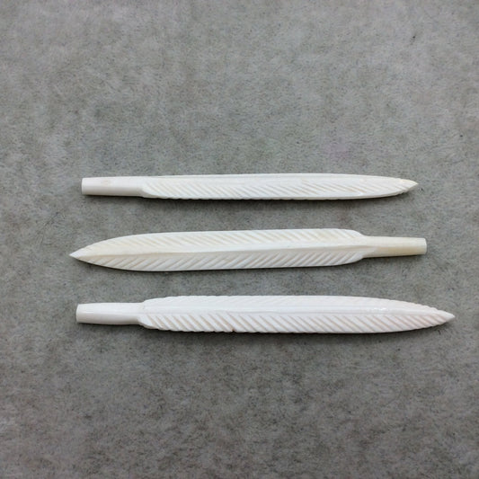 4" Detailed White/Ivory Carved Feather Shape Natural Ox Bone Component W .8mm PARTIALLY End Drilled 1/4" Hole ~ 12mm x 100-110mm Approx.