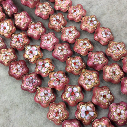 16mm Decorative Floral Multicolor Rose Puffed Flower Shaped Metal/Enamel Cloisonné Beads - Sold by 15" Strands (Approx. 26 Beads Per Strand)