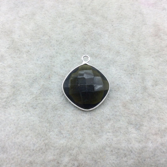 Sterling Silver Faceted Dark Olive (Lab Created) Quartz Diamond Shaped Bezel Pendant - Measuring 18mm x 18mm - Sold Individually