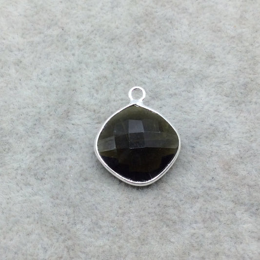Sterling Silver Faceted Dark Olive (Lab Created) Quartz Diamond Shaped Bezel Pendant - Measuring 15mm x 15mm - Sold Individually