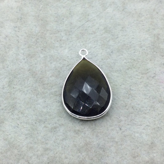 Sterling Silver Faceted Dark Olive (Lab Created) Quartz Teardrop Shaped Bezel Pendant - Measuring 18mm x 25mm - Sold Individually