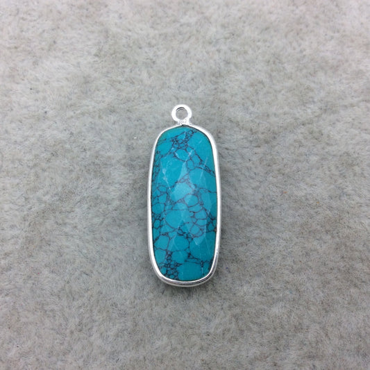 Sterling Silver Faceted Dyed Veined Turquoise Howlite Round Rectangle Shaped Bezel Pendant - Measuring 10mm x 25mm - Sold Individually