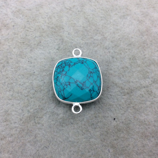 Sterling Silver Faceted Dyed Veined Turquoise Howlite Square Shaped Bezel Connector - Measuring 18mm x 18mm - Sold Individually