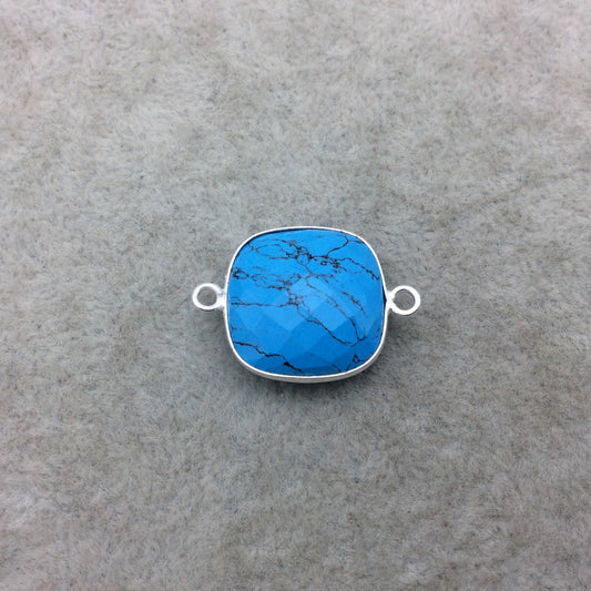 Sterling Silver Faceted Dyed Veined Blue Howlite Square Shaped Bezel Connector - Measuring 18mm x 18mm - Sold Individually
