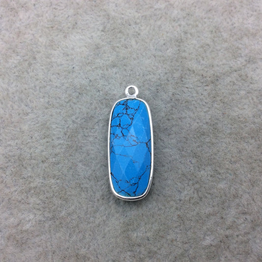 Sterling Silver Faceted Dyed Veined Blue Howlite Round Rectangle Shaped Bezel Pendant - Measuring 10mm x 25mm - Sold Individually