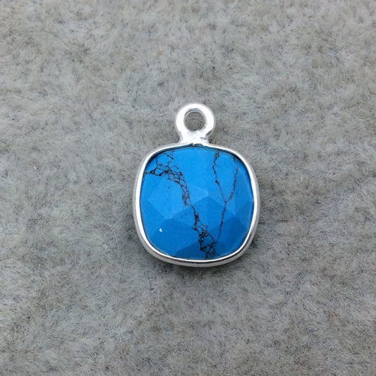 Sterling Silver Faceted Flat Back Dyed Veined Blue Howlite Square Shaped Bezel Pendant - Measuring 10mm x 10mm - Sold Individually