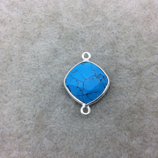 Sterling Silver Faceted Flat Back Dyed Veined Blue Howlite Diamond Shaped Bezel Connector - Measuring 15mm x 15mm - Sold Individually