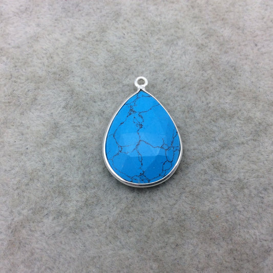 Sterling Silver Faceted Flat Back Dyed Veined Blue Howlite Teardrop Shaped Bezel Pendant - Measuring 18mm x 25mm - Sold Individually
