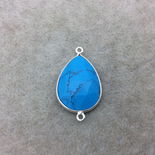 Sterling Silver Faceted Flat Back Dyed Veined Blue Howlite Teardrop Shaped Bezel Connector - Measuring 18mm x 25mm - Sold Individually