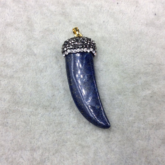 Rhinestone Encrusted Tusk/Claw Shaped Mottled Blue/Black Lapis Lazuli Pendant W Gold Bail - ~ 19mm x 43mm, Approx. - Sold Individually