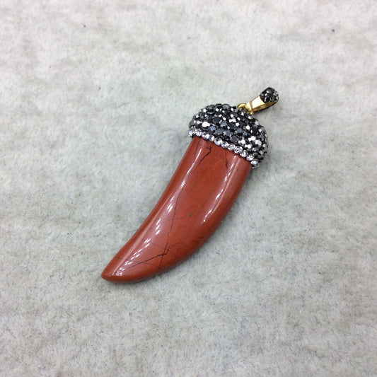 Rhinestone Encrusted Tusk/Claw Shaped Mottled Red Jasper Pendant W Rhinestone Bail ~ 19mm x 43mm, Approx. - Sold Individually