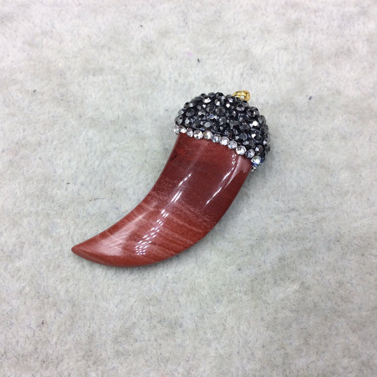 Rhinestone Encrusted Tusk/Claw Shaped Mottled Red/Cream Mookite Pendant W Gold Bail ~ 19mm x 43mm, Approx. - Sold Individually