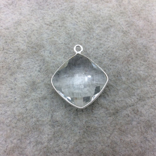 Sterling Silver Faceted Clear (Lab Created) Quartz Diamond Shaped Bezel Pendant - Measuring 18mm x 18mm - Sold Individually