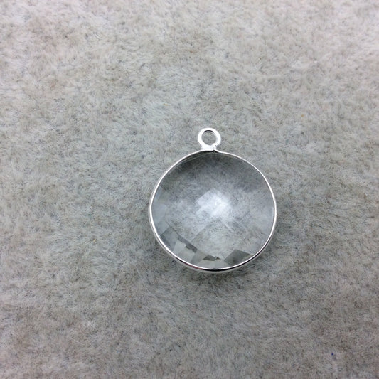 Sterling Silver Faceted Clear (Lab Created) Quartz Round Shaped Bezel Pendant - Measuring 18mm x 18mm - Sold Individually