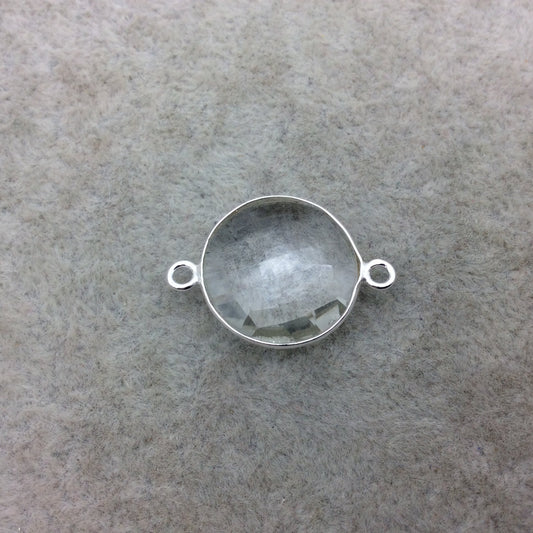 Sterling Silver Faceted Clear (Lab Created) Quartz Round Shaped Bezel Connector - Measuring 18mm x 18mm - Sold Individually