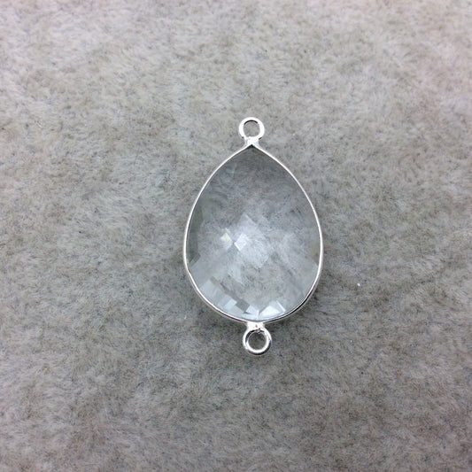 Sterling Silver Faceted Clear (Lab Created) Quartz Teardrop Shaped Bezel Connector - Measuring 18mm x 25mm - Sold Individually