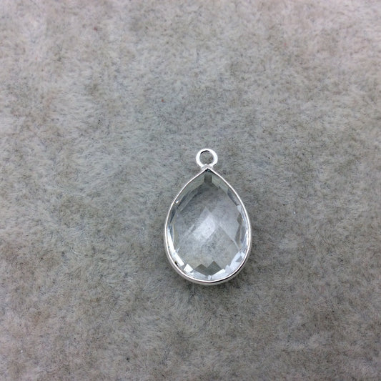 Sterling Silver Faceted Clear (Lab Created) Quartz Teardrop Shaped Bezel Pendant - Measuring 13mm x 18mm - Sold Individually