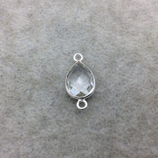 Sterling Silver Faceted Clear (Lab Created) Quartz Teardrop Shaped Bezel Connector - Measuring 10mm x 13mm - Sold Individually