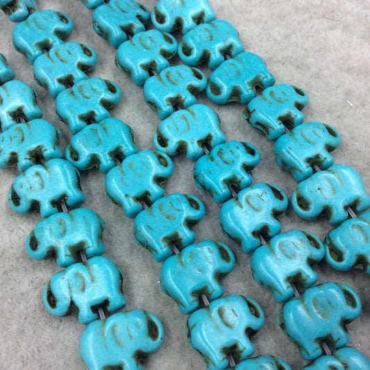 10mm x 14mm Dyed Turquoise/Brown Howlite Elephant Shaped Beads - Sold by 15.25" Strands (Approx. 37 Beads) - Quality Gemstone