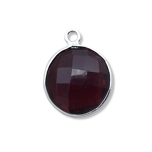 Sterling Silver Faceted Deepest Red (Lab Created) Quartz Round Shaped Bezel Pendant - Measuring 15mm x 15mm - Sold Individually