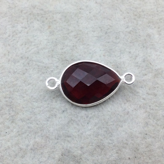 Sterling Silver Faceted Deepest Red (Lab Created) Quartz Teardrop Shaped Bezel Connector - Measuring 13mm x 18mm - Sold Individually
