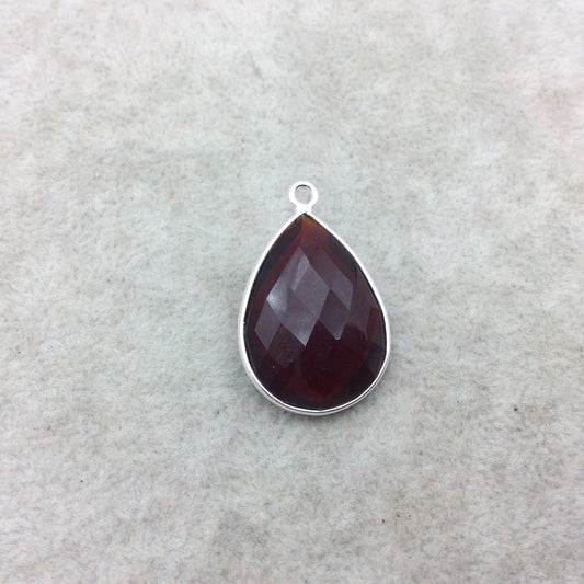 Sterling Silver Faceted Deepest Red (Lab Created) Quartz Teardrop Shaped Bezel Pendant - Measuring 18mm x 25mm - Sold Individually