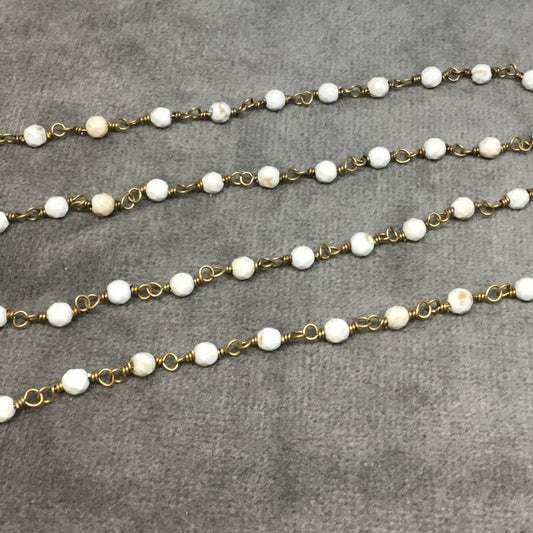 Brass Plated Copper Rosary Chain with 3mm Faceted Round Shaped White Buffalo Turquoise Beads - Sold by the Foot! - Natural Beaded Chain