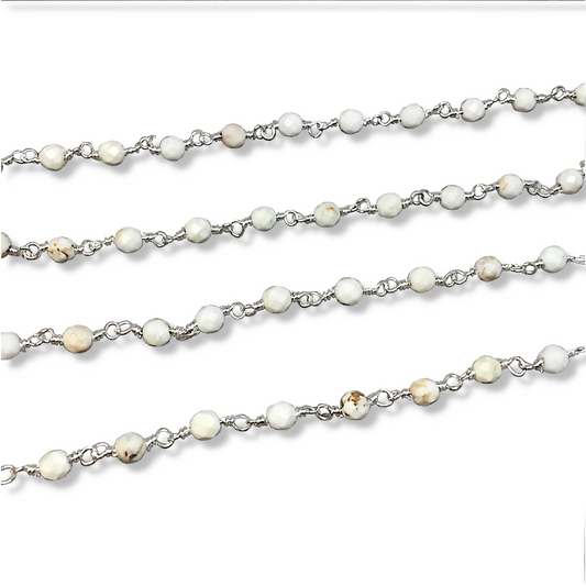 Silver Plated Copper Rosary Chain with 3mm Faceted Round Shaped White Buffalo Turquoise Beads - Sold by the Foot! - Natural Beaded Chain