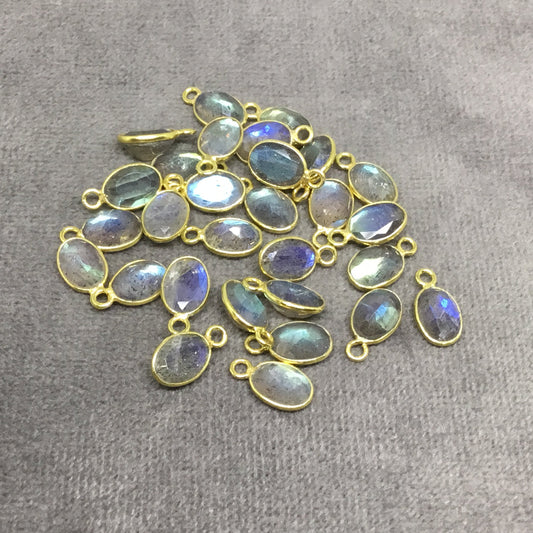 BULK LOT - Pack of Six (6) Gold Sterling Silver Pointed/Cut Stone Faceted Oval Shaped Labradorite Bezel Pendants - Measuring 5mm x 7mm