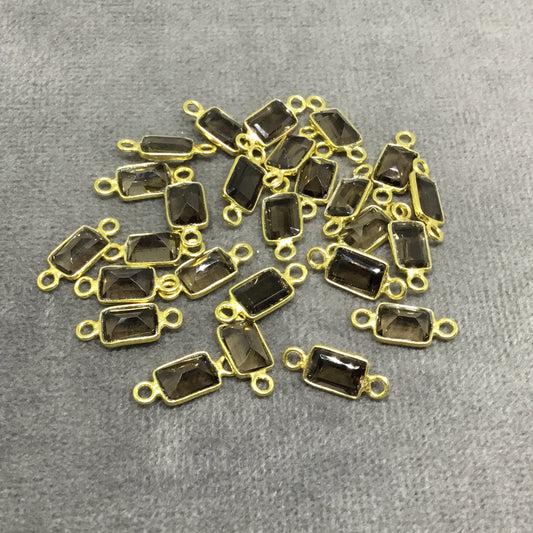 BULK PACK of Six (6) Gold Sterling Silver Pointed/Cut Stone Faceted Rectangle Shaped Smoky Quartz Bezel Connectors - Measuring 4mm x 6mm